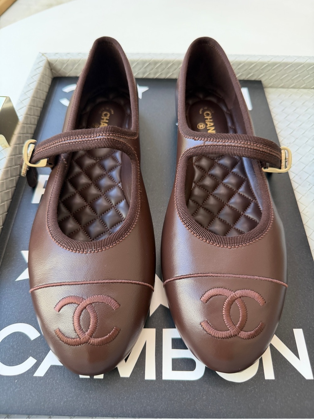 CHANEL CC LOGO BROWN MARRON FONCE LEATHER MARYJANE BALLET FLATS SHOES GHW 40.5C